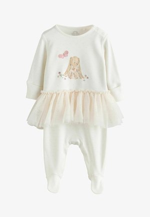Salopette blanche pour bébé avec manches longues, dotée d'un motif à pois, d'une jupe en tulle avec volants et d'un design brodé de lapin et de papillon.