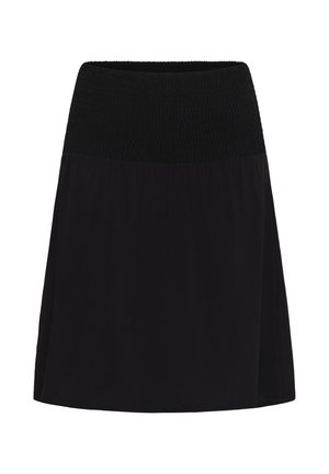 Jupe noire longueur genou avec taille large en smocks élastiques et tissu fluide lisse en dessous de la taille, présentée sur un fond blanc.