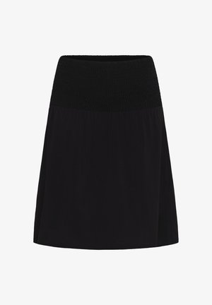 Jupe noire longueur genou avec taille large en smocks élastiques et tissu fluide lisse en dessous de la taille, présentée sur un fond blanc.