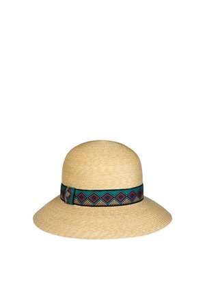 Wide-brimmed beige straw hat with a rounded crown, featuring a colorful geometric patterned band with diamond shapes in green, blue, red, and tan.