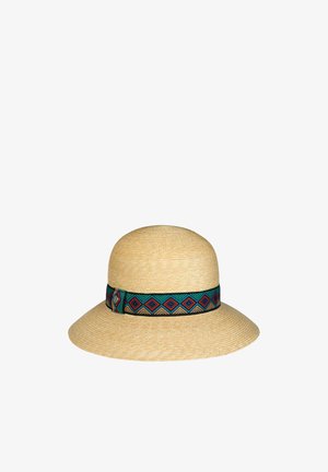 Wide-brimmed beige straw hat with a rounded crown, featuring a colorful geometric patterned band with diamond shapes in green, blue, red, and tan.