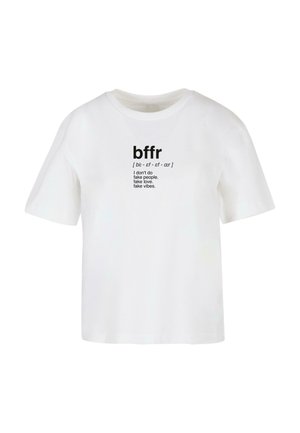 White cotton t-shirt featuring short sleeves, a crew neck, and black text print that includes "bffr" and a phrase about authenticity.