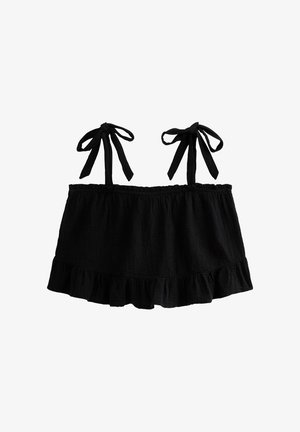 Crop top noir en tissu texturé, avec des bretelles réglables à nouer et un ourlet volanté pour un détail supplémentaire.