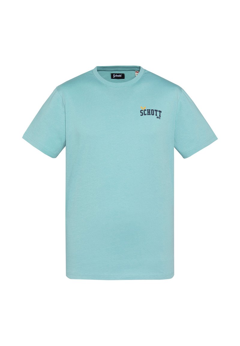 Camiseta de algodón azul claro con cuello redondo, mangas cortas y un pequeño logo en azul oscuro y naranja en la parte frontal izquierda del pecho.