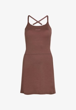 Braunes, knielanges Kleid mit enganliegender Oberweite und kreuzweise verlaufenden Trägern. Hergestellt aus einem weichen, leichten Stoff mit glatter Textur. Verfügt über ein dezentes Logo.