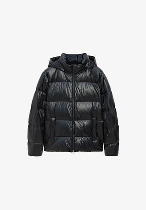 Black shiny padded jacket with hood, front zipper, and two vertical side pockets, designed for cold weather.