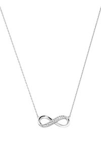 Silver necklace featuring an infinity pendant, embellished with small clear stones, on a fine chain. Simple, sleek design.