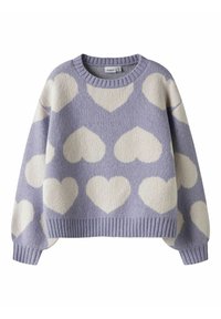 Pull en tricot lavande avec des motifs de cœurs blancs, des poignets et un ourlet côtelés, et un col rond pour les enfants de 1 à 6 ans.