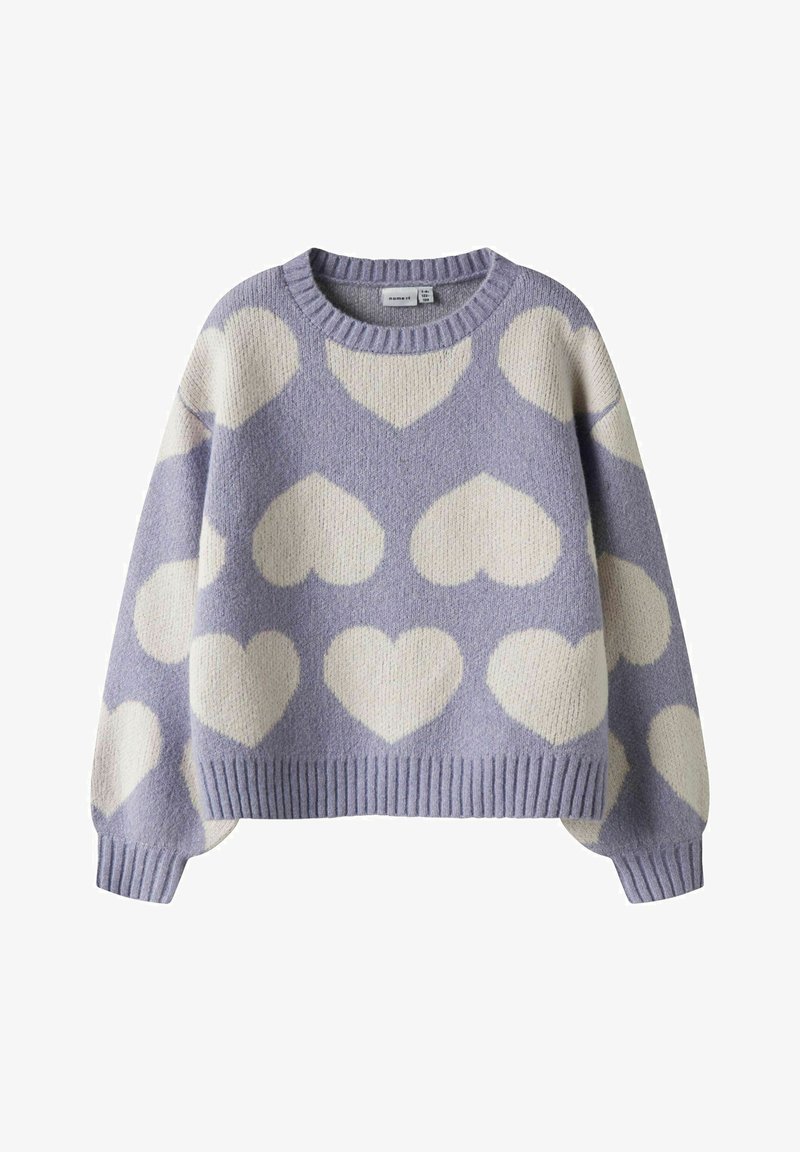Pull en tricot lavande avec des motifs de cœurs blancs, des poignets et un ourlet côtelés, et un col rond pour les enfants de 1 à 6 ans.
