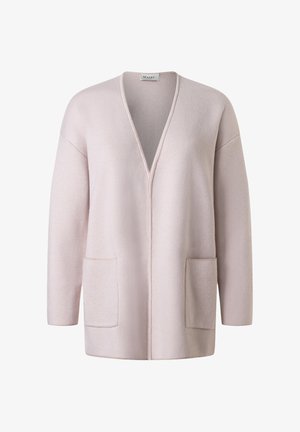 Lyserød åbent front cardigan med lange ærmer og to forlommer, lavet af blødt strikstof.