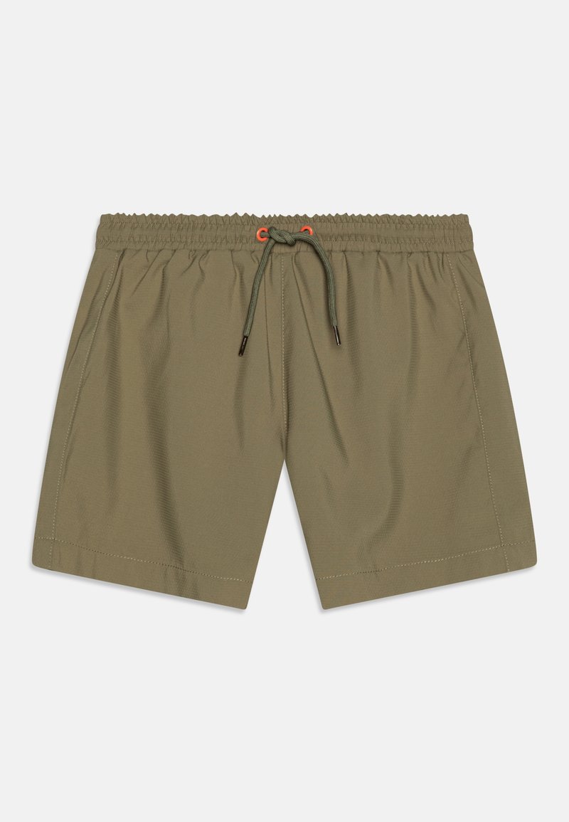 Bañador verde olivo hecho de tejido ligero, con una cinturilla elástica y cordón ajustable, y costuras decorativas en el dobladillo.