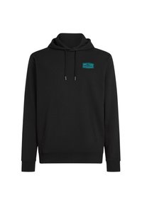 Schwarzer Kapuzenpullover aus Baumwollmischung mit einer Fronttasche, Kordelzugkapuze und einem türkisfarbenen Logo-Patch auf der linken oberen Brust.