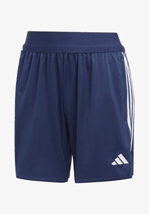 Shorts de sport bleu marine avec taille élastique, bandes blanches sur les côtés et logo Adidas blanc sur la partie inférieure de la jambe droite.