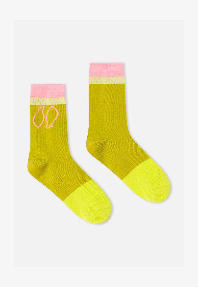 Paire de chaussettes montantes bicolores avec des bordures roses, des talons et orteils vert citron, un corps olive et deux illustrations de poissons roses près du bord sur une chaussette.