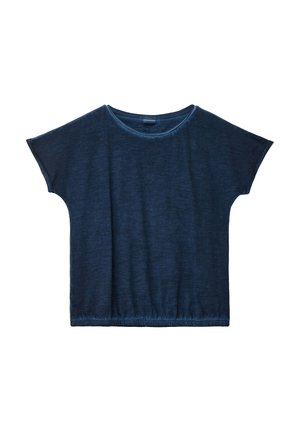 Haut à manches courtes bleu marine en tissu doux et texturé avec une coupe lâche, présentant un col rond et un ourlet froncé.