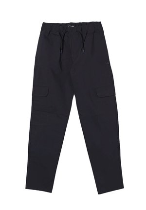 Pantaloni cargo neri realizzati in tessuto leggero, dotati di vita elastica, cordoncino, tasche laterali e un design dalla vestibilità rilassata.