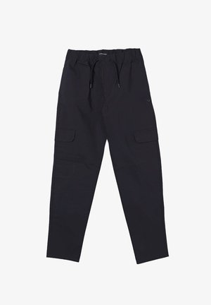 Pantaloni cargo neri realizzati in tessuto leggero, dotati di vita elastica, cordoncino, tasche laterali e un design dalla vestibilità rilassata.