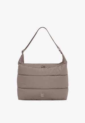 Taupe polstret skuldertaske med lynlåslukning og "GOT BAG" logo på midten foran.