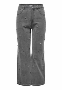 Pilkos džinsinės plačios kojos kelnės su išmėtytomis sidabrinėmis smeigėmis, penkių kišenių dizainu ir klasikiniu mygtuko uždarymu.