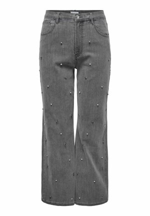 Graue Denim-Jeans mit weitem Bein, verziert mit verstreuten silbernen Nieten, Fünf-Taschen-Design und klassischem Knopfverschluss.