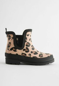 Botte de pluie à imprimé léopard rose et noir avec panneaux latéraux élastiques, en matériau en caoutchouc, semelle texturée et tirette pour un enfilage facile.