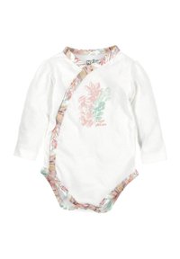 Biała bodysuits z długim rękawem w kwiatowy wzór w odcieniach różu i zieleni, z kontrastowym wykończeniem wzoru wzdłuż dekoltu i zapięcia z przodu.