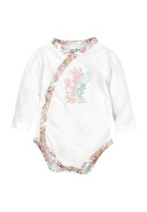 Weißer Langarm-Bodysuit mit floralem Design in Pink und Grün, ausgestattet mit einem kontrastierenden gemusterten Saum entlang des Ausschnitts und der Vorderverriegelung.