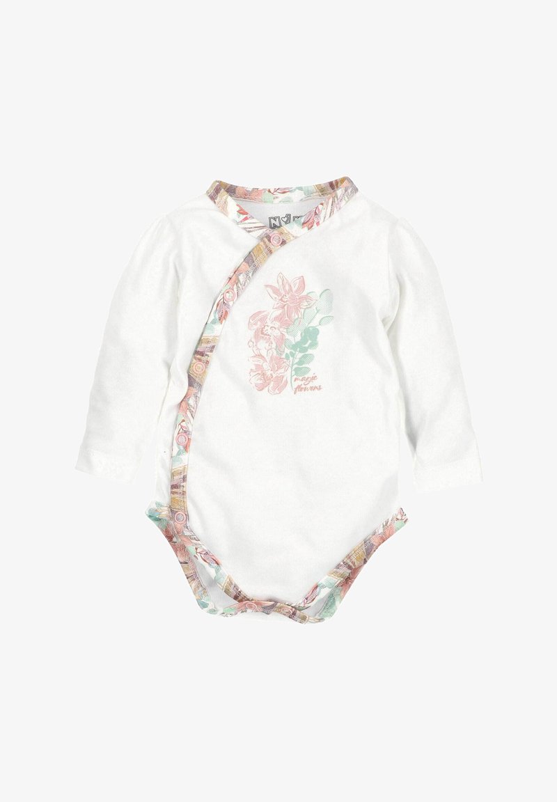 Biała bodysuits z długim rękawem w kwiatowy wzór w odcieniach różu i zieleni, z kontrastowym wykończeniem wzoru wzdłuż dekoltu i zapięcia z przodu.