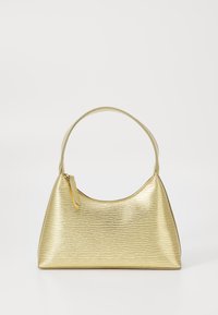 Gold metallic handbag with a textured surface, curved shape, and a single strap. Features a small zipper detail on the side.