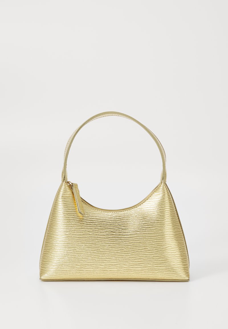 Gold metallic handbag with a textured surface, curved shape, and a single strap. Features a small zipper detail on the side.