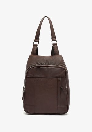 Brown leather backpack with a smooth texture, featuring a zippered pocket, adjustable straps, and a structured design.