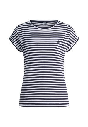 Granatowo-biały t-shirt z krótkim rękawem w poziome paski, z okrągłym dekoltem i małym logo „JOOP!” na lewej piersi.