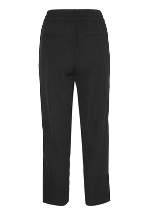 Svarta raka byxor med elastisk midja och två bakfickor, visade från baksidan.