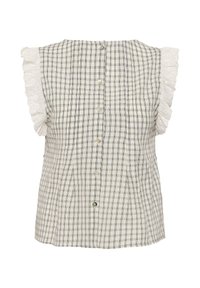 Bouton-chemise grise à carreaux blancs avec manches courtes en dentelle volantée.