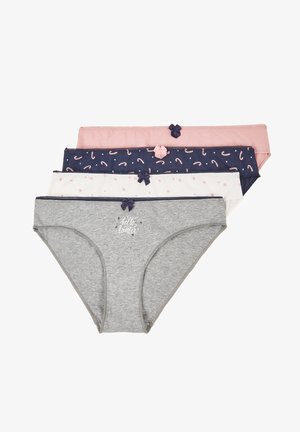 Quatre paires de culottes pour femmes : grises avec du texte, roses, marines avec un motif, et blanches avec des pois roses, toutes ornées de nœuds et en coton doux.