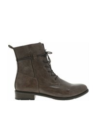Bottines en cuir marron avec bout arrondi, fermeture à lacets à l'avant et petit talon empilé. Comprend des coutures et une languette latérale pour un enfilage facile.