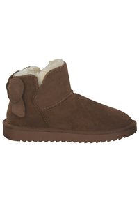 Brown suede ankle boot with faux fur lining, rounded toe, decorative bow detail on the side, and textured rubber sole.
