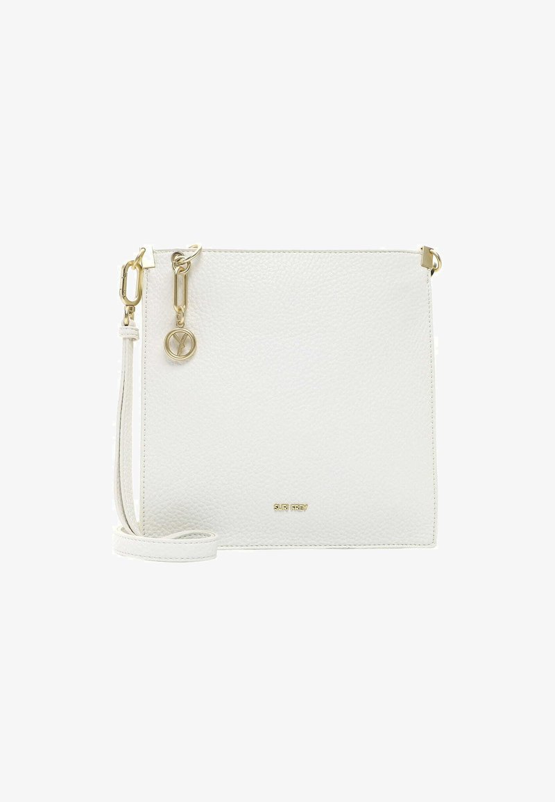 Borsa a tracolla in pelle bianca texturizzata con zip dorata, tracolla regolabile e dettaglio con charm. Design minimalista con logo sottile.
