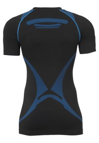 Sort kortærmet træningsshirt med blå skråstriber og geometriske mønstre. Fremstillet af strækbart materiale, har den en tætsiddende pasform.