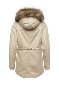 Beige parka met een met bont gevoerde capuchon, voorzien van een trekkoord in de taille, knoopmanchetten en een gladde, matte textuur. Achteraanzicht weergegeven.