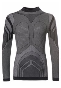 Långärmad topp i grått och svart med en åtsittande design. Har texturerade nätmönster och en hög rund halsringning för en snug passform.