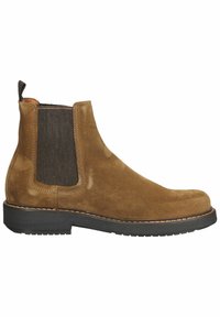 Braune Wildleder-Chelsea-Boots mit seitlichen elastischen Einsätzen, strukturierten Stoffakzenten, runder Zehenpartie und einer schwarzen Gummisohle mit Stichdetails.