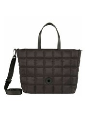 Czarna pikowana torba typu tote z dwoma uchwytami i odpinanym paskiem na ramię. Posiada okrągłe logo i zapięcie na suwak.