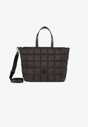 Černá prošívaná taška přes rameno s dvojitými uchy a odnímatelným ramenním popruhem. Obsahuje kulatý detail s logem a zipové uzavření.