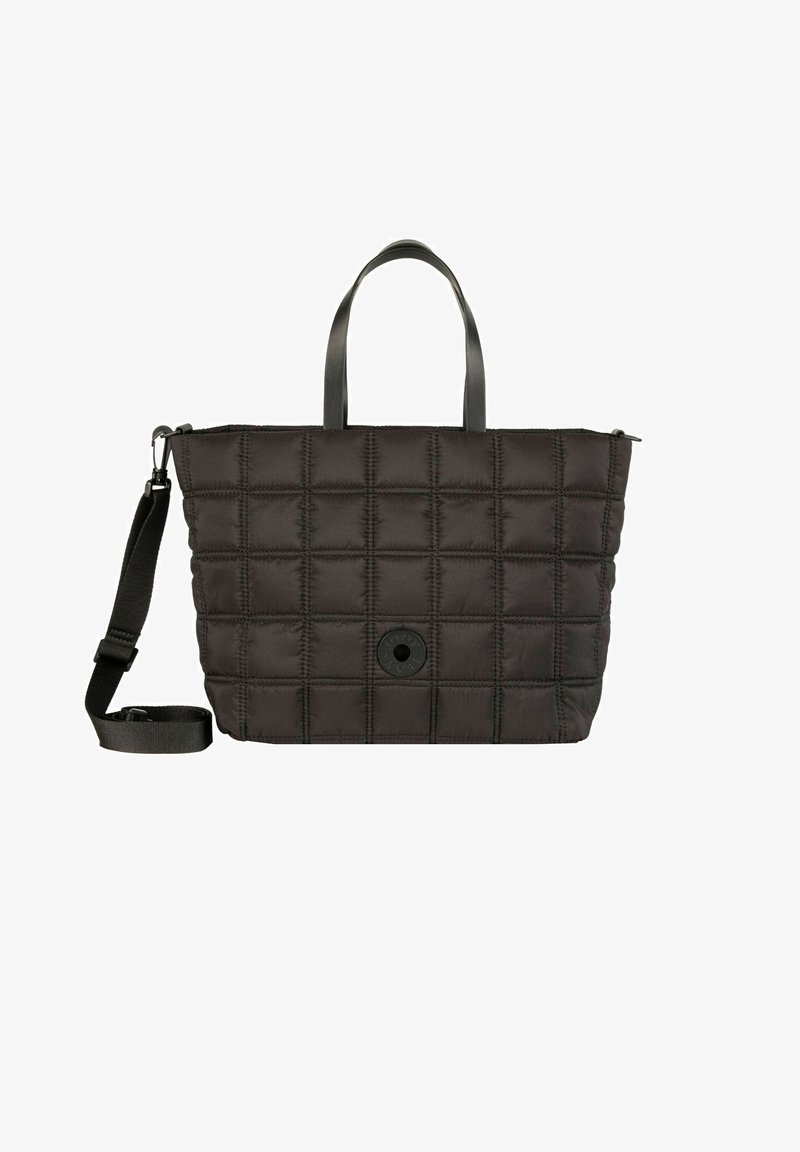 Czarna pikowana torba typu tote z dwoma uchwytami i odpinanym paskiem na ramię. Posiada okrągłe logo i zapięcie na suwak.