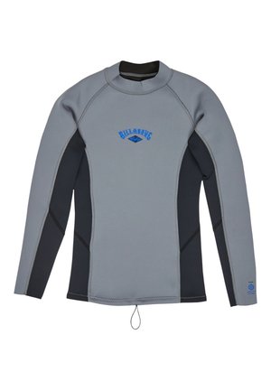 Długi rękaw, szaroszarna góra pianki z niebieskim logo Billabong i suwakiem przy szyi, wykonana z neoprenu.