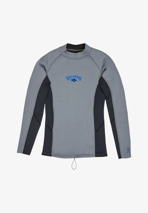 Długi rękaw, szaroszarna góra pianki z niebieskim logo Billabong i suwakiem przy szyi, wykonana z neoprenu.