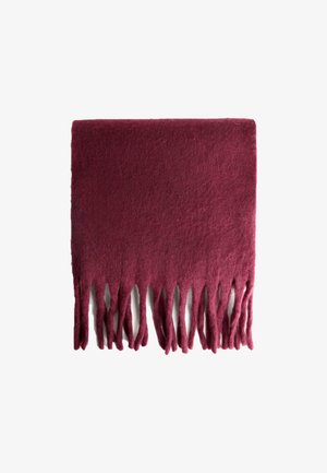 Burgundy wool blanket with fringe detailing along the bottom edge. Soft texture, rectangular shape, and solid color without patterns.