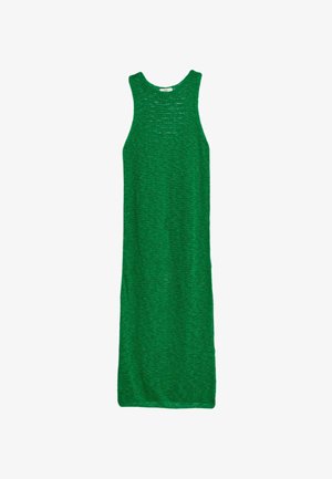 Vestito maxi lavorato a maglia verde con design senza maniche, caratterizzato da una vestibilità ampia e tessuto testurizzato, che arriva fino alle caviglie.
