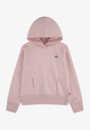 Jasnoróżowa bluza z kapturem i długim rękawem, z przednimi kieszeniami, ściągaczami przy mankietach i u dołu oraz małym logo Levi's na piersi.